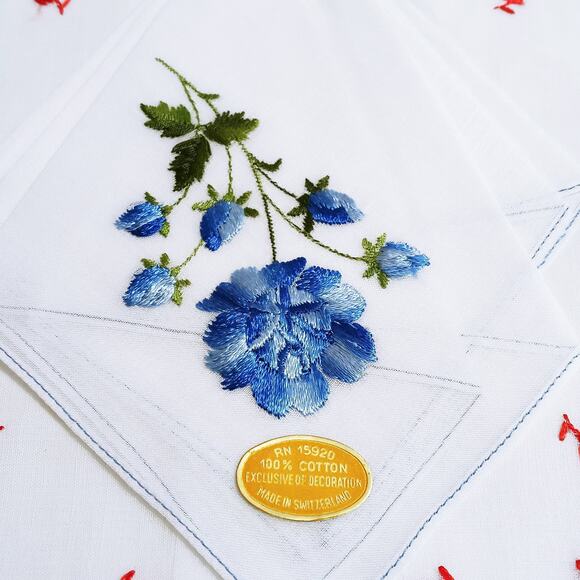 Red/ Blue Floral Embroidered 2 Handkerchiefs Cottagecore Hankie Switzerland NOS - Picture 3 of 5